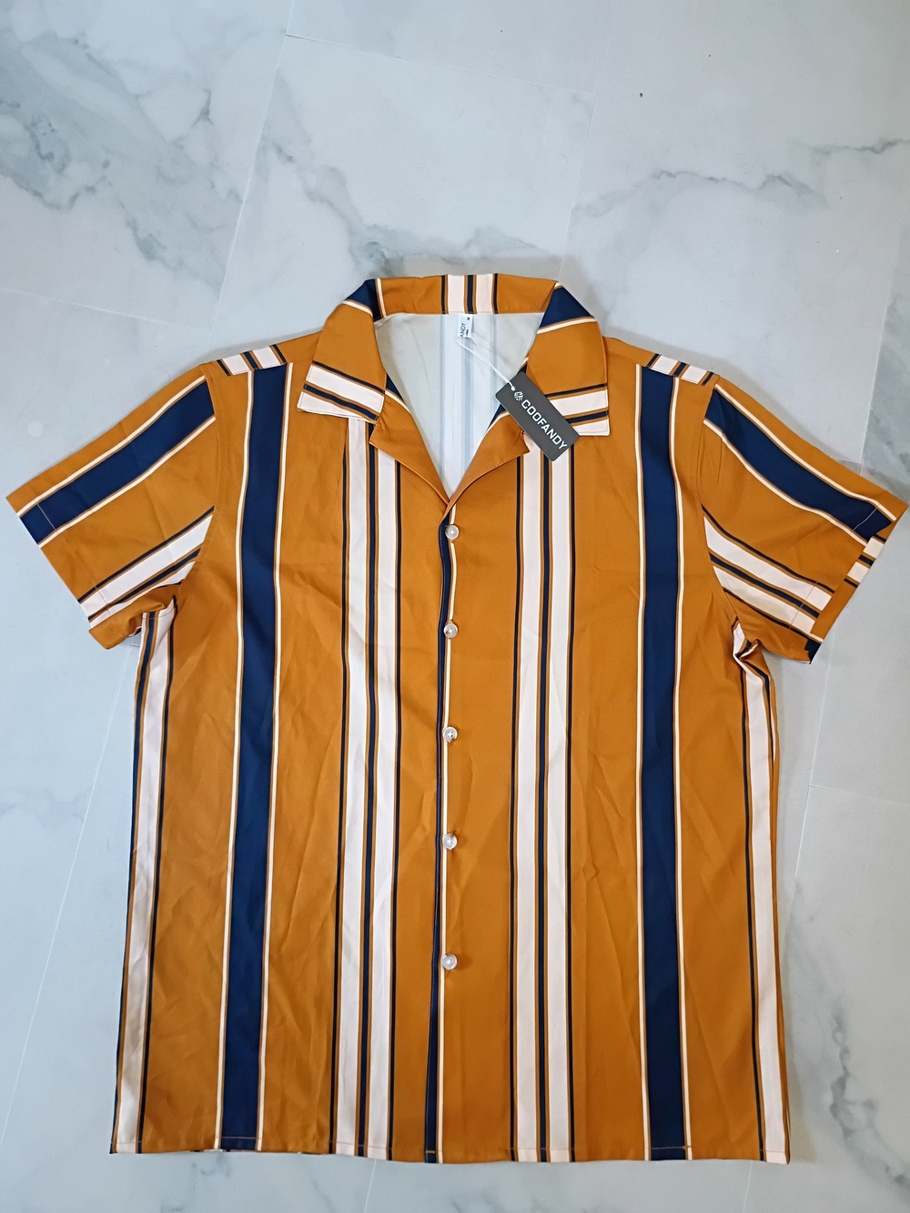 Men's Striped Short-Sleeve Button-Down Shirt in Mustard with Navy